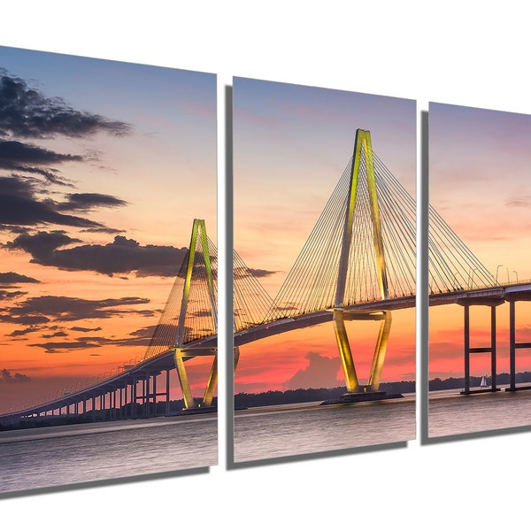 Metal Prints - Arthur Ravenel Bridge during sunset - 3 Panel split, Triptych - Metal wall art HD aluminum prints wall decor interior design