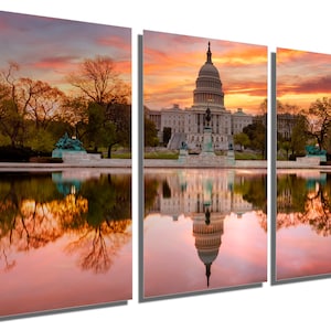 Metal Print - Capitol Hill Wall Art. Golden hour Washington DC, USA Building print set, pink  red skies - Metal wall art HD aluminum print