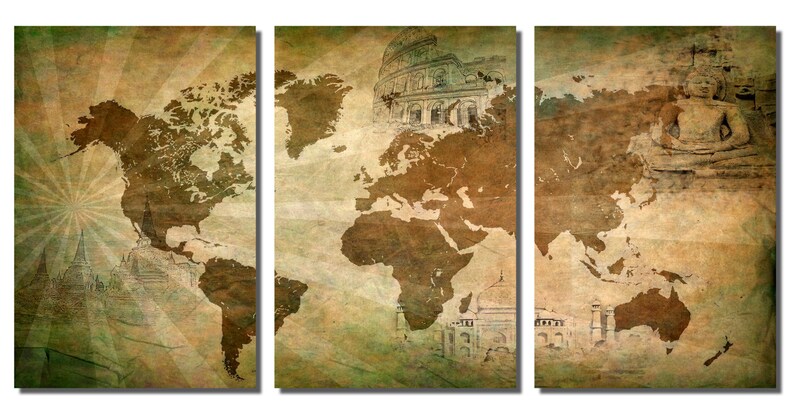 Metal Print - Landmark World Map - 3 Panel Split (triptych) - Metal ...
