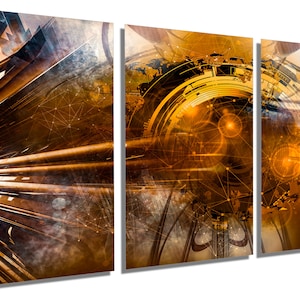 May include: Abstract digital art print with a futuristic theme. The print features a mix of geometric shapes, lines, and circles in shades of orange, brown, and black. The print is divided into three panels.