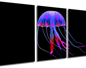 Metal Print - Jellyfish Wall Art over black background . Jellyfish Print, purple blue -  Metal HD aluminum multi panel home wall decor art