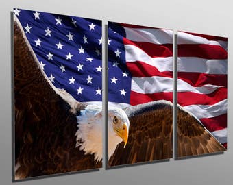 Metal Prints - Bald Eagle, USA Flag - 3 Panel split, Triptych - Metal wall art. HD aluminum prints for home wall decor, interior design.