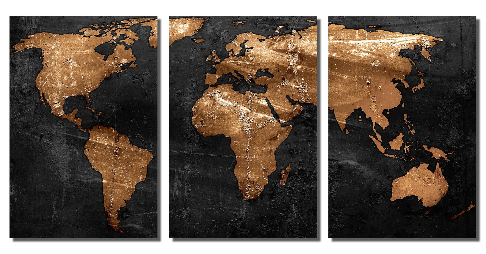 Metal Prints - Abstract Black Bronze World Map - 3 Panel Split ...