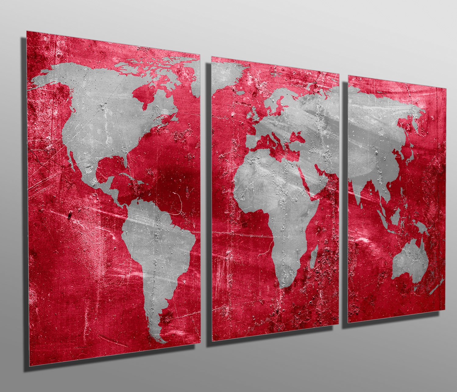 Metal Prints - Red and Silver World Map - 3 Panel Split, Triptych ...