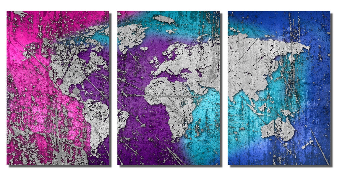Metal Prints - Abstract Colorful Silver World Map -3 Panel Split ...