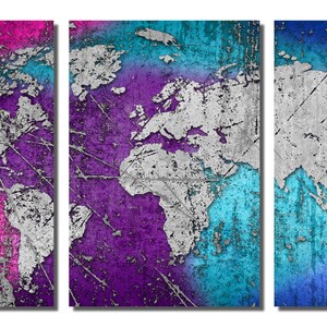 Metal Prints - Abstract Colorful Silver World Map -3 Panel Split ...