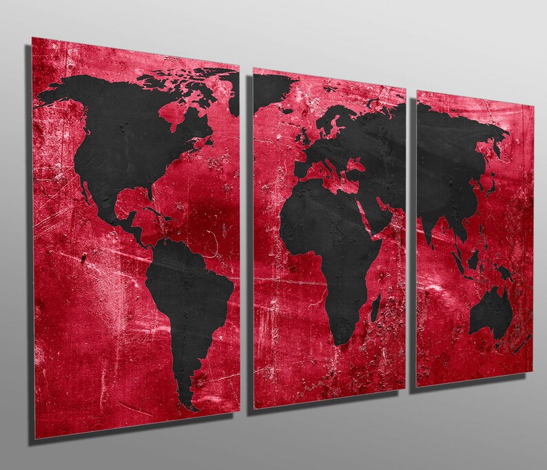 Metal Prints - Red and Black World Map - 3 Panel Split, Triptych ...
