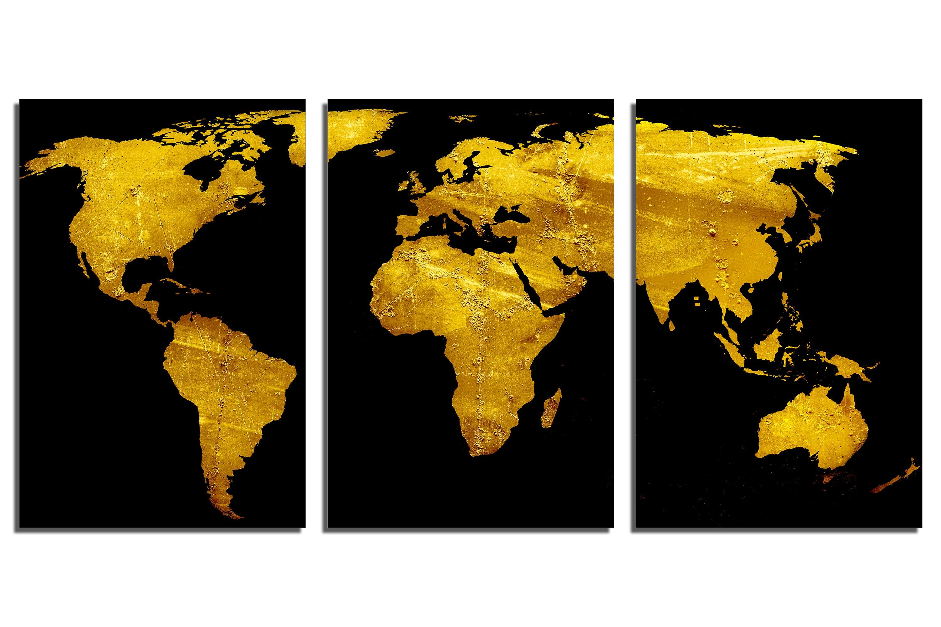 Metal Prints - Black Gold Abstract World Map - 3 Panel Split, Triptych ...