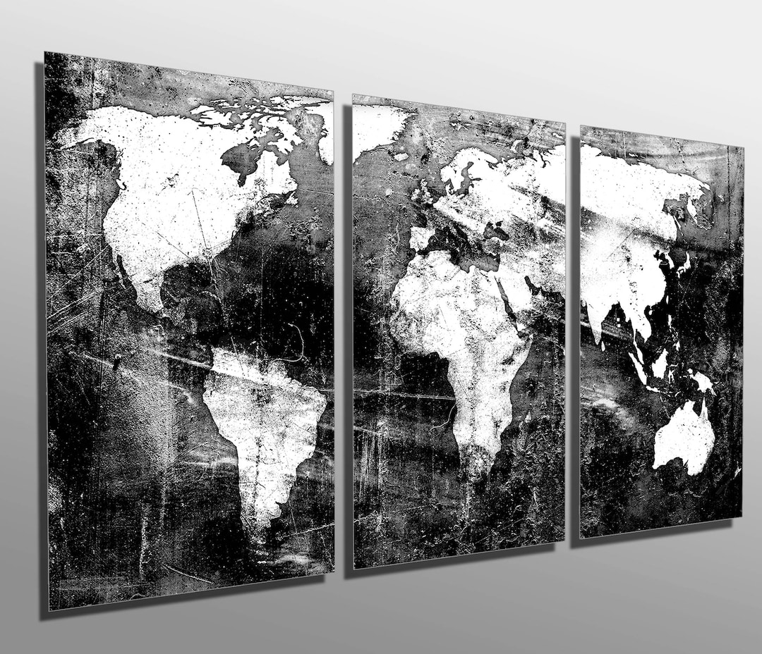 Metal Prints - Abstract Black and White World Map - 3 Panel Split ...