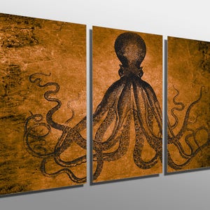 Metal Print - Lord Bodner Octopus Triptych - Copper Brown  - 3 Panel split Wall Art - HD aluminum prints for wall decor & interior design