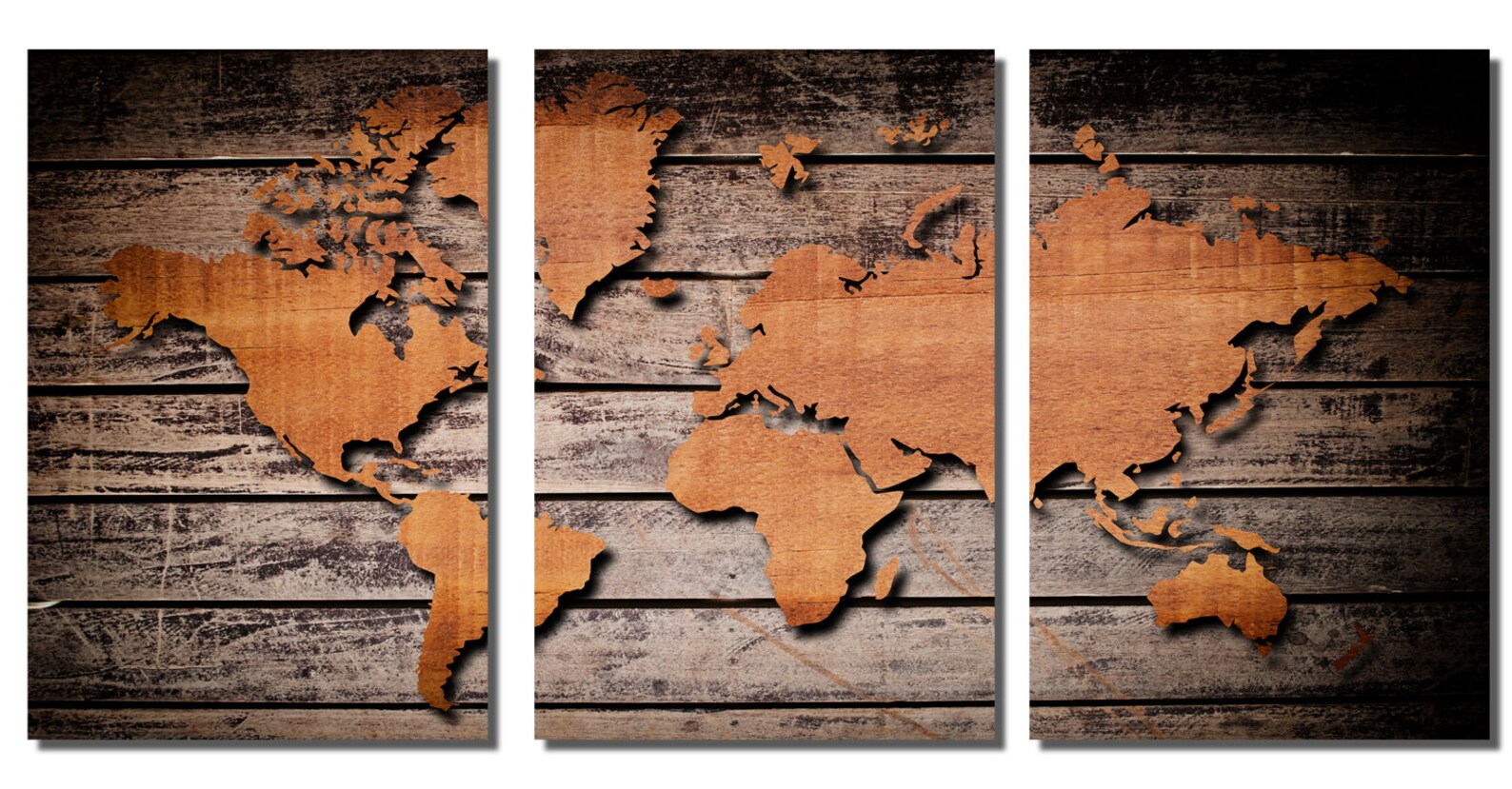 Metal Prints - Wood Style Brown World Map - 3 Panel Split, Triptych ...