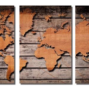 Metal Prints - Wood Style Brown World Map - 3 Panel Split, Triptych ...