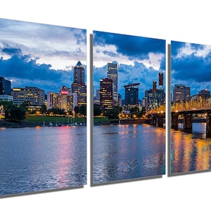 Metal Prints - Portland Skyline, Willamette River wall art - 3 Panel split, Triptych - Metal HD aluminum prints wall decor & interior design