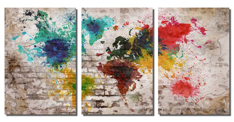 Metal Prints - Brick Wall Colorful World Map - 3 Panel Split, Triptych ...