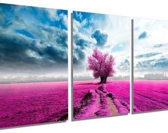 Metal Print - Lone Tree in field Wall Art. Magenta Tree Print Scenic art, scenery print - Metal HD aluminum panels art for office wall decor