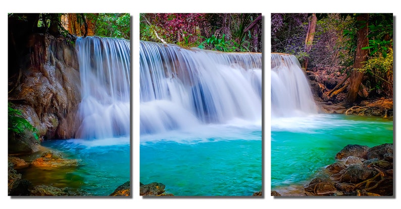 Metal Prints - Forest Waterfall Wall Art - 3 Panel split, Triptych - Metal HD aluminum prints for home decor, wall decor & interior design image 2