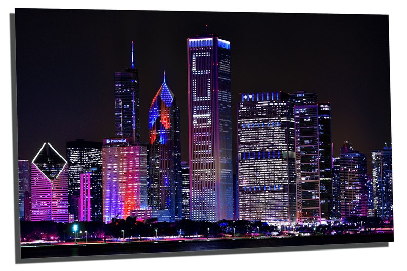 Metal wall art 3 Panel split HD aluminum prints wall decor Metal Prints Baseball Cubs Purple Chicago Skyline at night Triptych