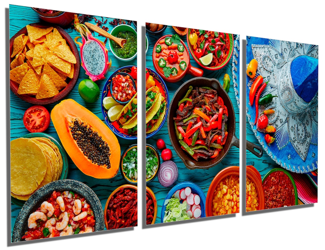 Metal Print Mexican Food Wall Art & Blue Hat. Colorful Food Print, Food