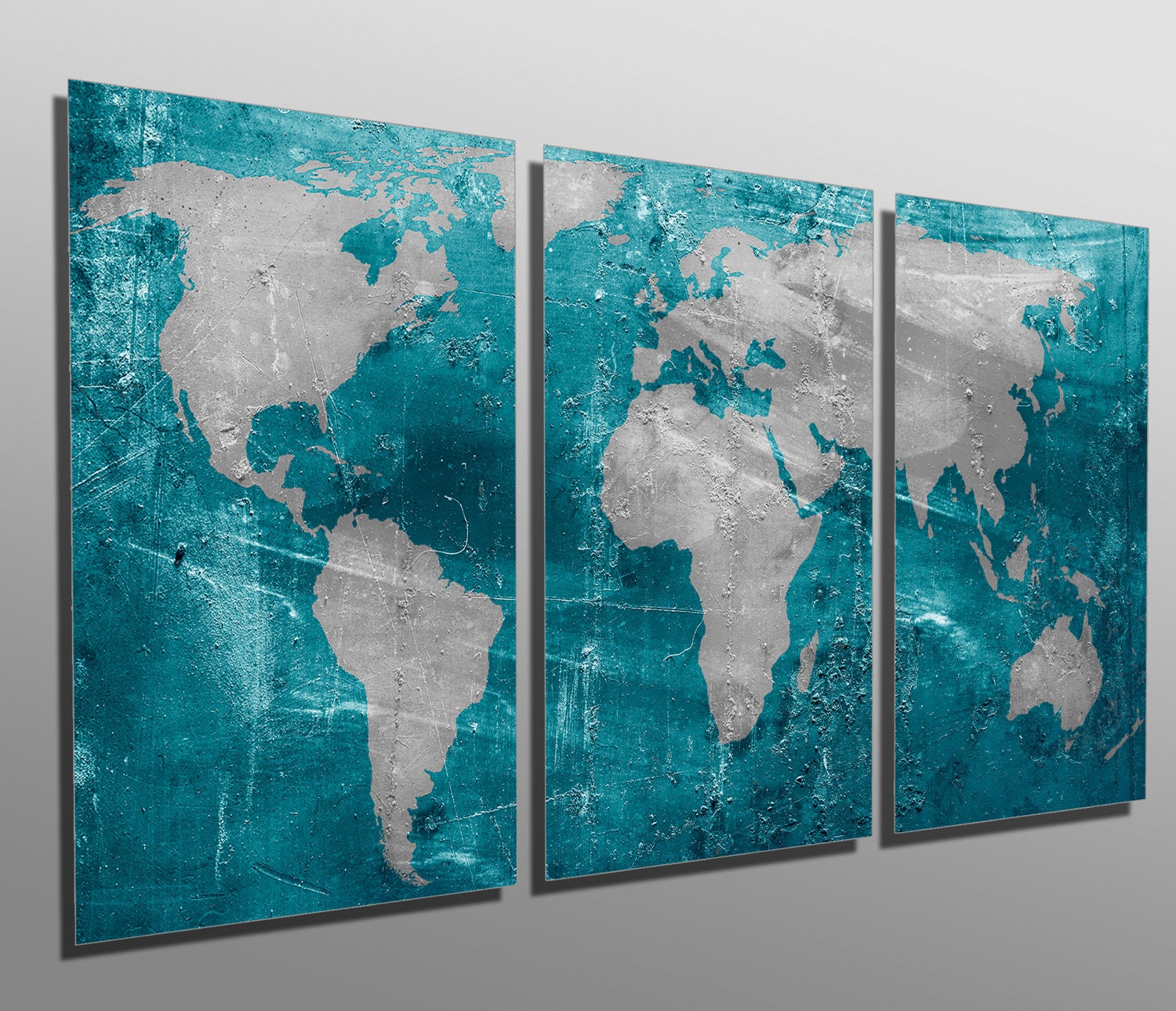 Metal Prints - Munsell Blue, Teal, Gray World Map - 3 Panel Split ...