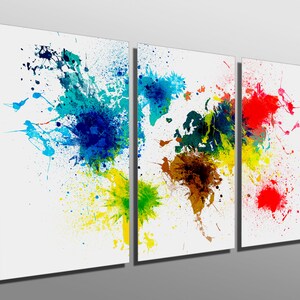 Impressions sur métal - Carte du monde abstraite colorée - 3 panneaux divisés (triptyque) - Impressions d'art mural en métal HD sur aluminium pour la décoration intérieure et la décoration d'intérieur