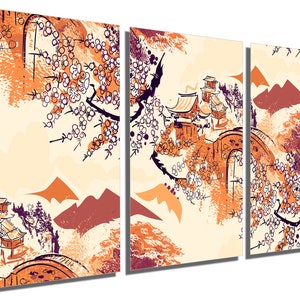 Metal Print - Oriental Illustration Wall Art. Japanese art, chinese wall art, oriental decor Orange Beige - Metal wall art HD aluminum print