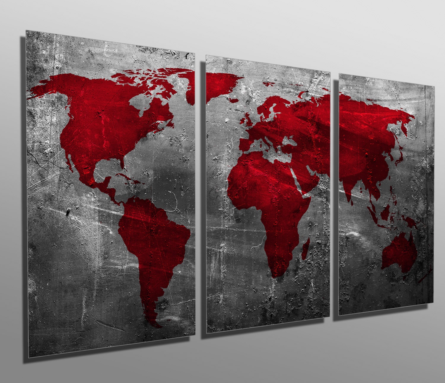 Metal Prints - Abstract Deep Red World Map - 3 Panel Split, Triptych ...