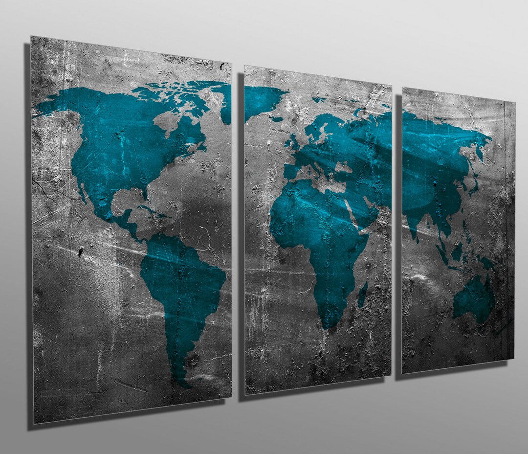 Metal Prints - Abstract Teal World Map - 3 Panel Split, Triptych ...