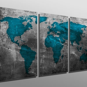 Impressions métalliques - Carte du monde turquoise abstraite - 3 panneaux divisés, Triptyque - Art mural en métal. Impressions HD sur aluminium pour décoration murale et design d'intérieur.