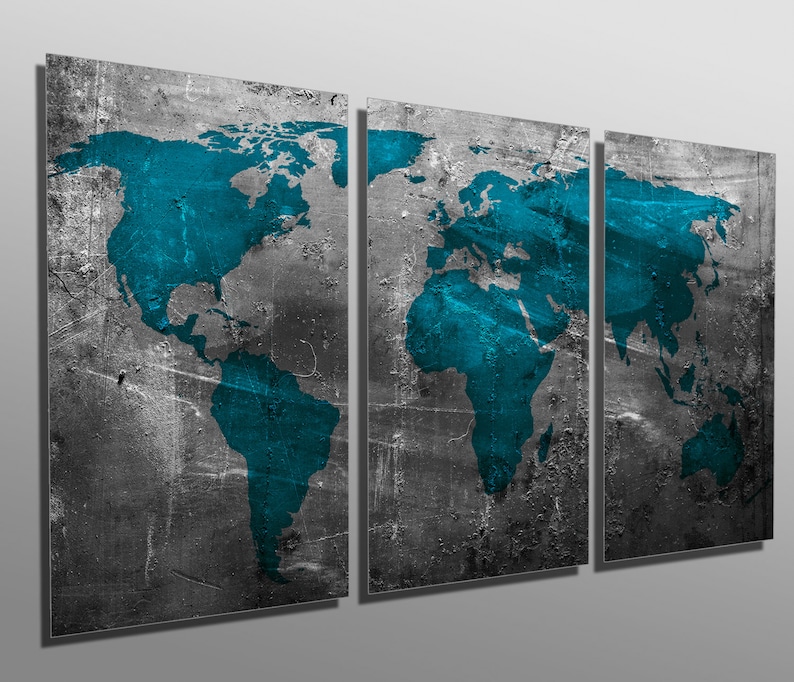 Metal Prints - Abstract Teal World Map - 3 Panel Split, Triptych ...