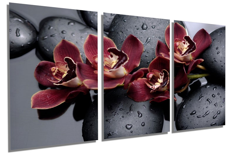 Orchid Flower Wall Art on Black therapy stones Spa wall decor Metal Print Metal HD aluminum multi panel home wall decor Zen Art