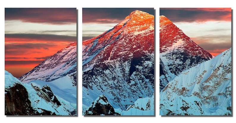 Metal wall art HD aluminum prints home decor wall decor Triptych 3 Panel split Mount Everest Gokyo Ri Wall Art at Sunset Metal Print