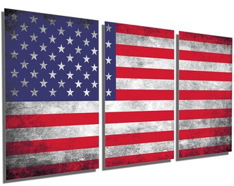 Metal Prints - United States, USA Flag Grunge - 3 Panel split, Triptych - Metal wall art. HD aluminum prints for home decor, interior design
