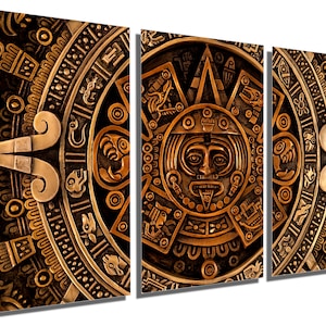 Metal Print - Aztec Calendar Wall Art. Aztec Wall Art Decor in copper and gold colors tones - Metal wall art HD aluminum prints wall decor