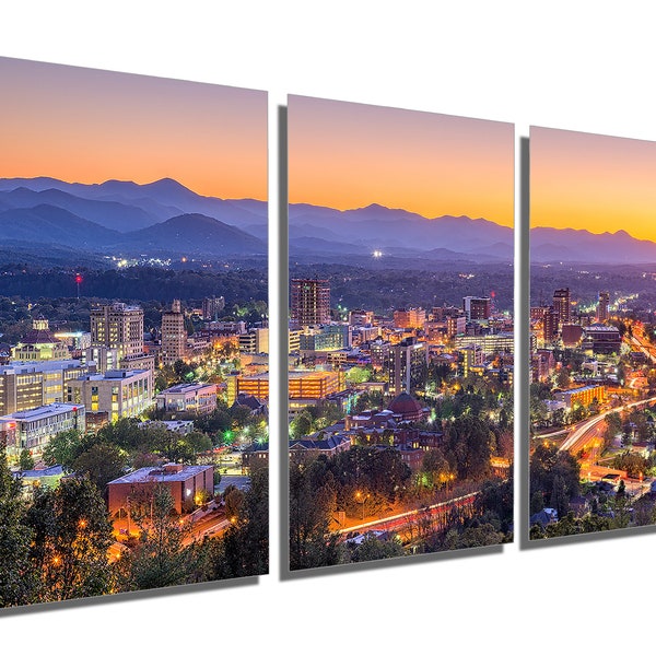 Metal Prints - Asheville, North Carolina Skyline Wall Art - 3 Panel split, Triptych - Metal HD aluminum prints wall decor interior design