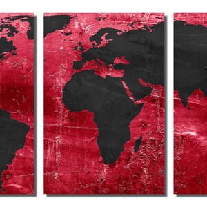 Metal Prints - Red and Black World Map - 3 Panel Split, Triptych ...