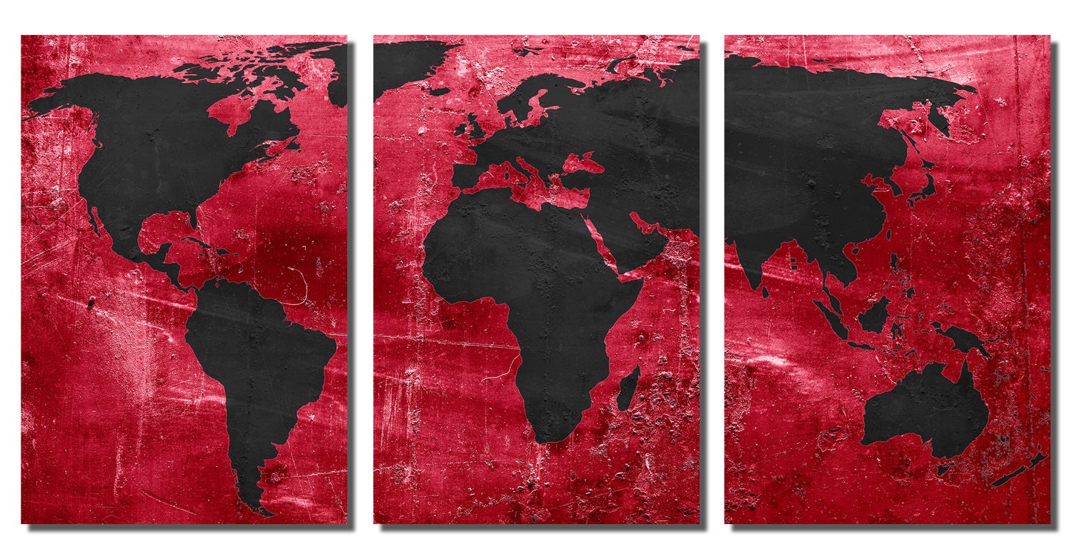 Metal Prints - Red and Black World Map - 3 Panel Split, Triptych ...