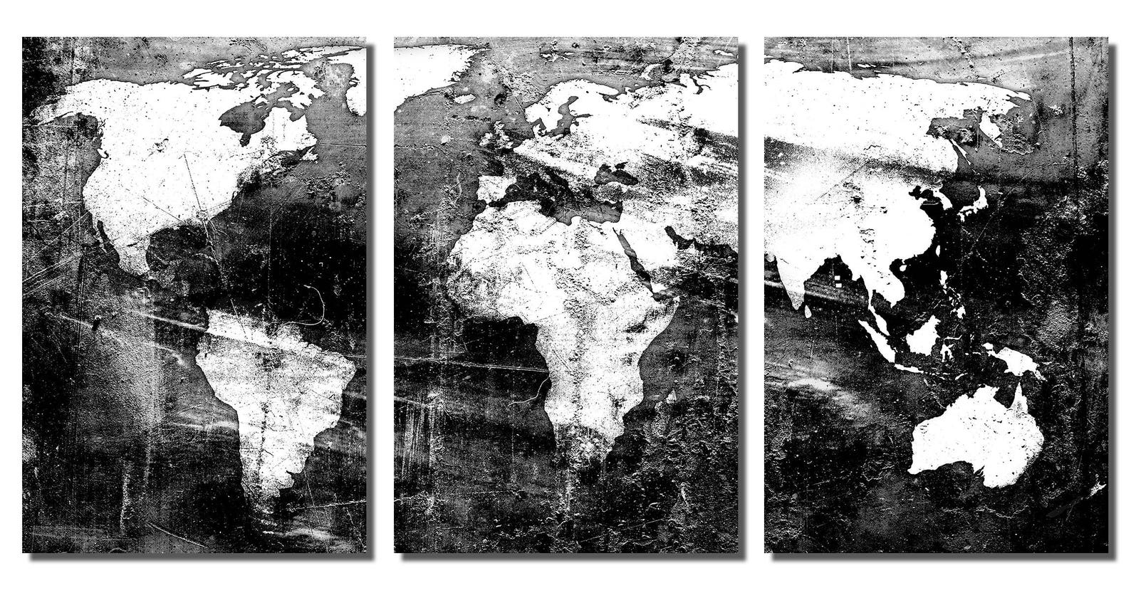 Metal Prints - Abstract Black and White World Map - 3 Panel Split ...