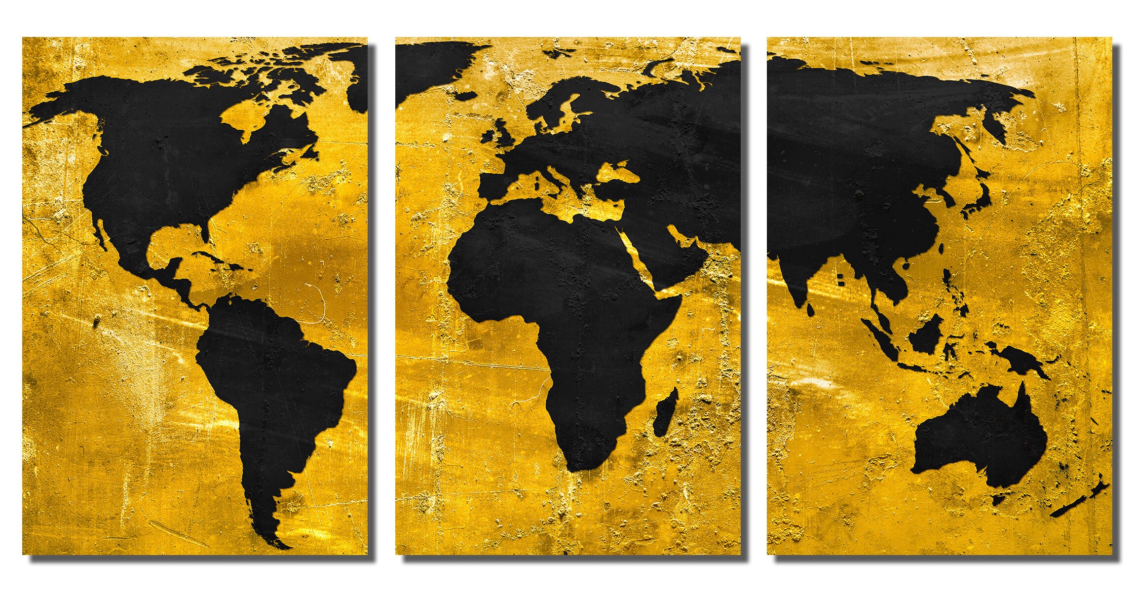 Metal Prints - Black and Gold World Map - 3 Panel Split, Triptych ...