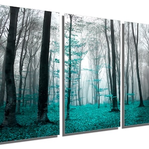 Metal Print - Teal Forest Wall Art Large Trees Misty Forest, Scenic Nature Landscape Art - HD aluminum Metal prints home office wall decor