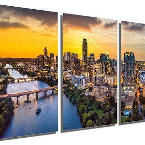 Metal Print - Austin Texas skyline Wall Art during sunset with yellow, orange skies, Austin TX - Metal wall art HD aluminum print wall decor