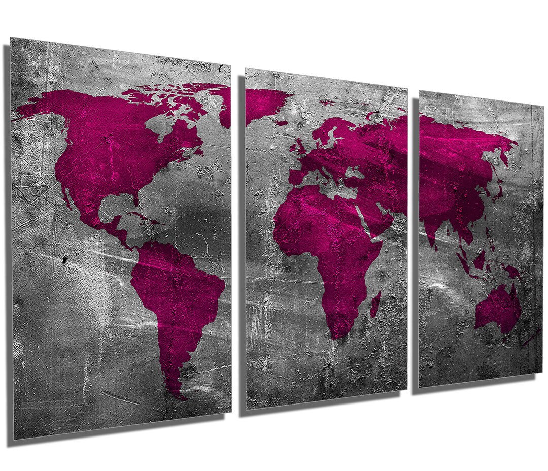 Metal Prints - Abstract Amaranth Purple World Map - 3 Panel Split ...