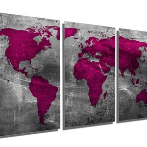Metal Prints - Abstract Amaranth Purple World Map - 3 Panel Split ...