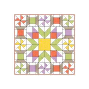 Peut inclure: Motif de bloc de courtepointe coloré avec un carré jaune central entouré d'étoiles et de bobines vertes, orange et violettes. Le motif est posé sur un fond blanc et encadré d'une bordure orange.