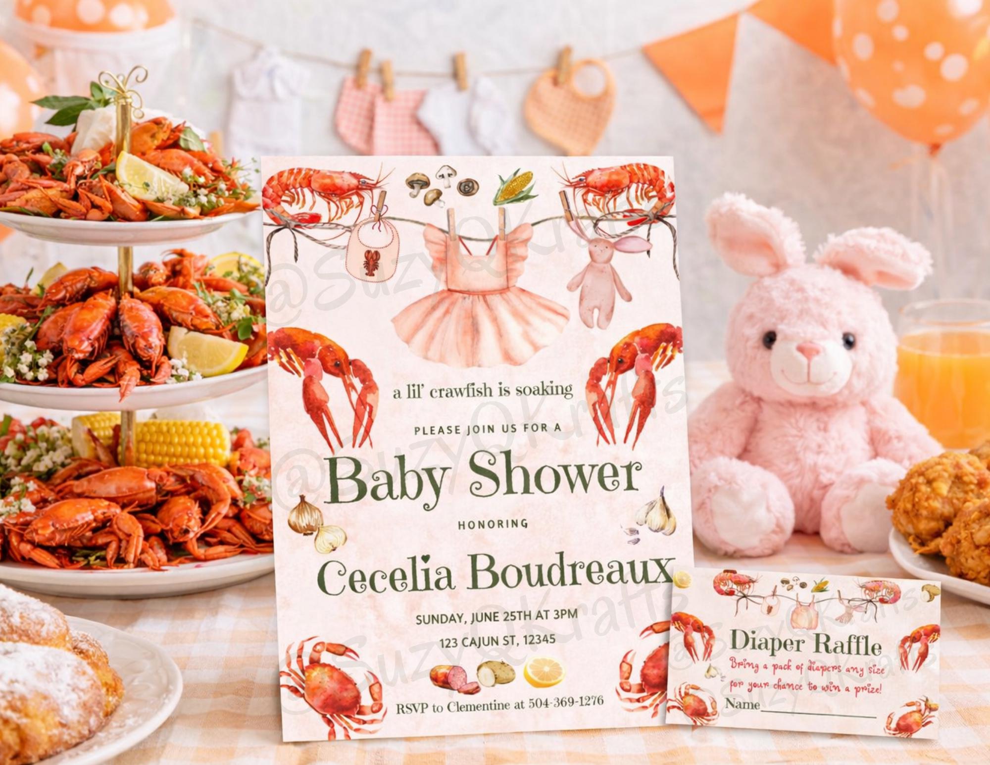 Editable Crawfish Baby Shower Invitation & Diaper Raffle Card Template ...