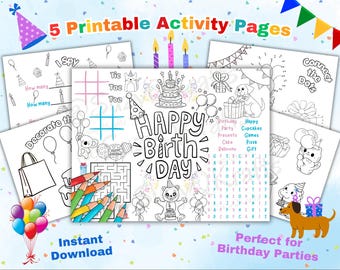 Geburtstags-Aktivität Blätter-Bundle für Kinder, 5-seitiges Party Spiele Paket, Malseiten, Ich Spioniere, Labyrinth, Wortsuche, Sofort Download