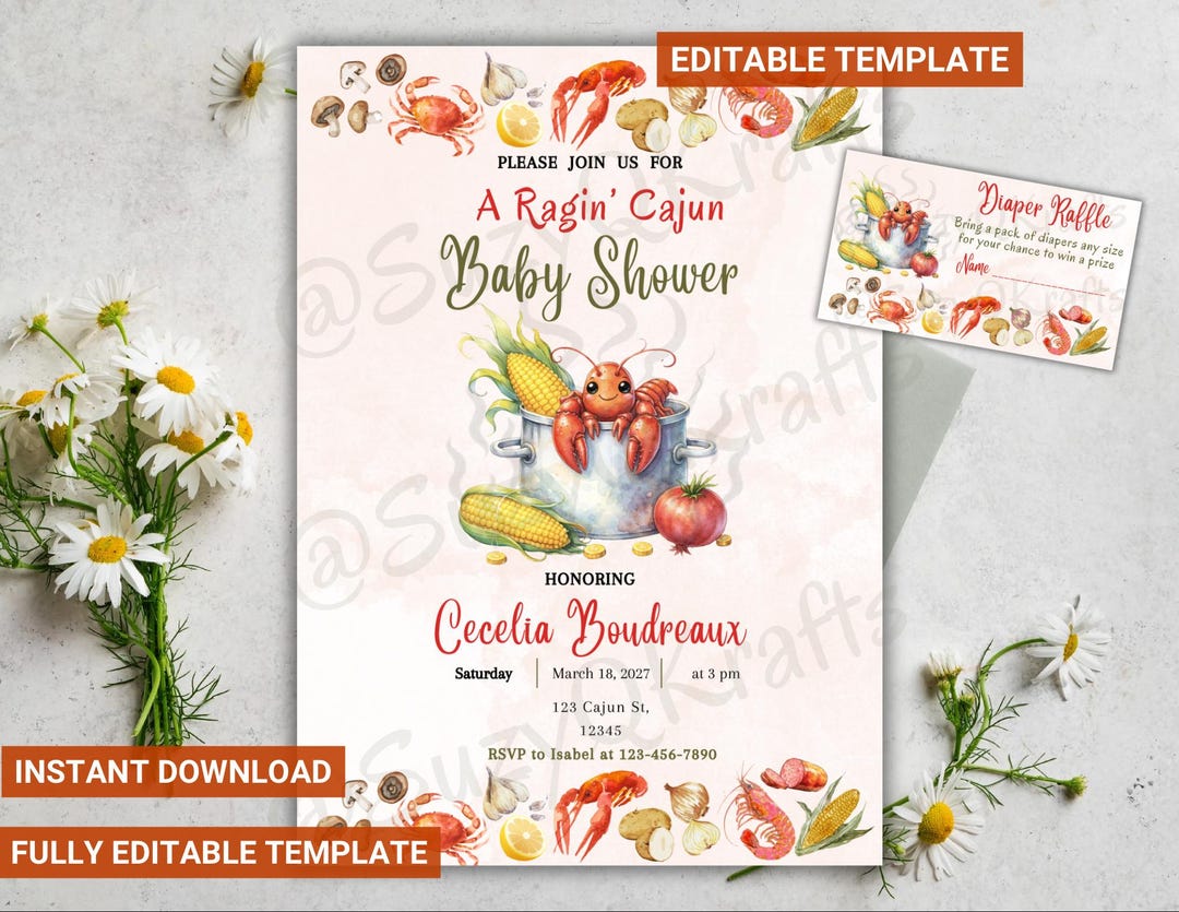 Editable Crawfish Boil Cajun Baby Shower Invitation & Diaper Raffle ...