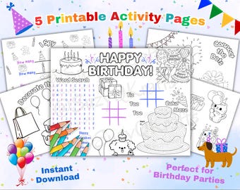 Geburtstags-Aktivität Blätter-Bundle für Kinder, 5-seitiges Party Spiele Paket, Malseiten, Ich Spioniere, Labyrinth, Wortsuche, Sofort Download