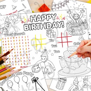 Afdrukbare verjaardagsactiviteitenbladen, Curious Monkey Party Games, Kids Kleurplatenbundel, Woordzoeker, Doolhof, George, Instant Download afbeelding 4
