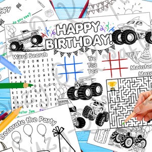 Monster Truck Birthday Coloring Activity Sheet: Printable Party Jam Game Bundle (Digital Download)
