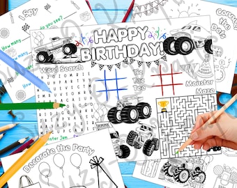 Monster Truck-activiteitenpagina kleurplaten verjaardag: afdrukbare partyjam-gamebundel (digitale download)